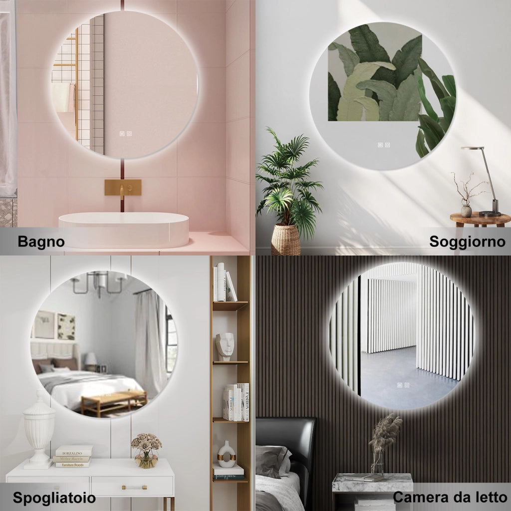 AICA Specchio da bagno 60 x 60 cm, 3 colori, antiappannamento, dimmerabile, interruttore touch, Funzione Memoria