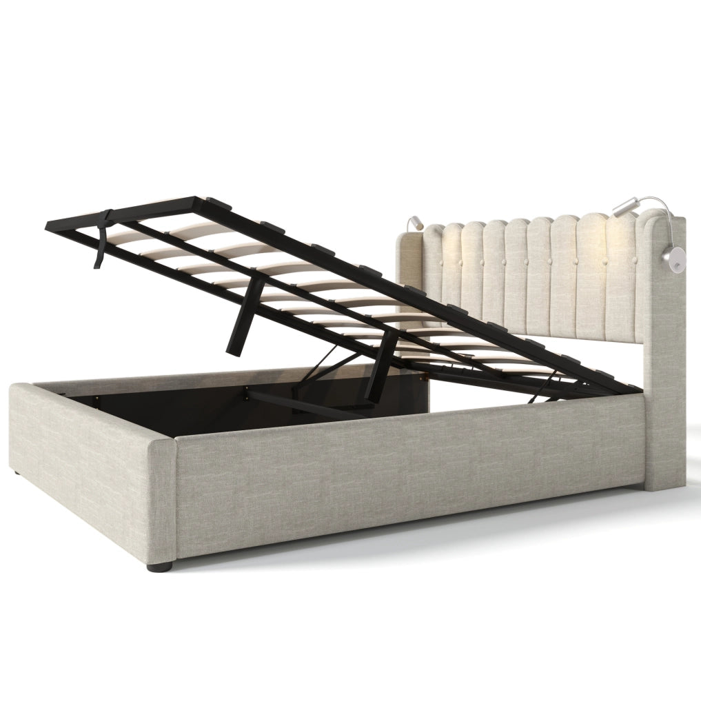 Letto matrimoniale contenitore 160x200 cm in lino beige con USB; luce da lettura e materasso incluso