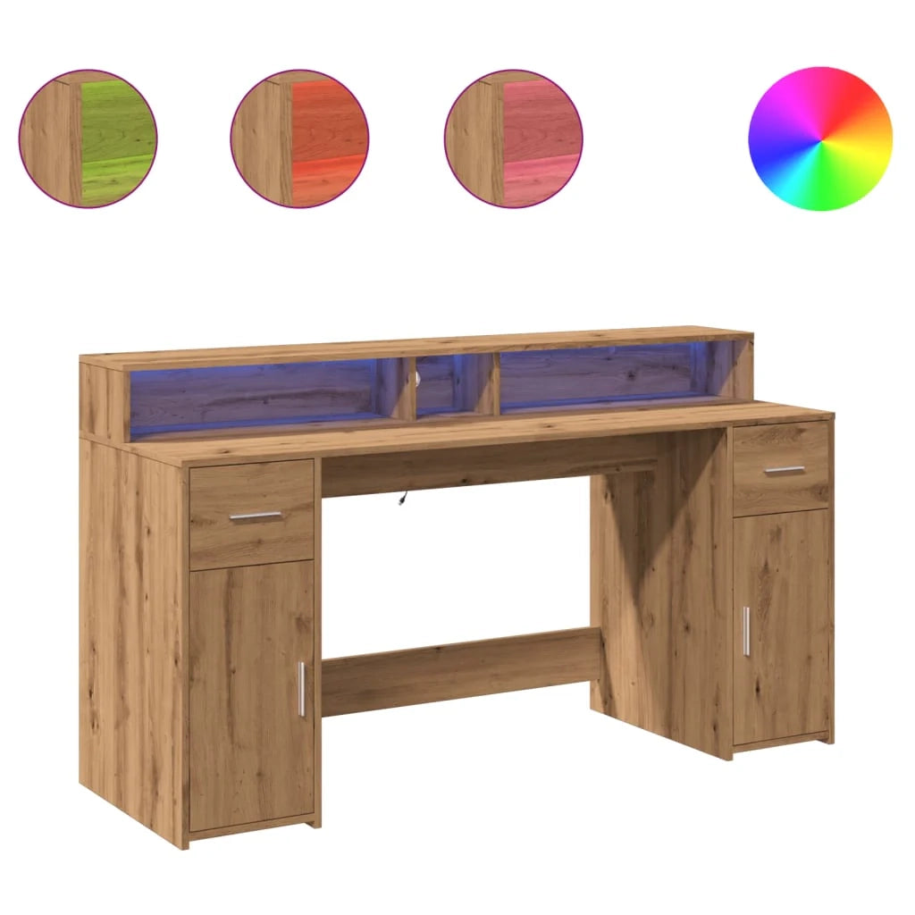Scrivania da ufficio postazione di lavoro mobile per computer scrivania da studio con luci a LED rovere lavorato a mano legno marrone ingegnerizzato 02_0023418