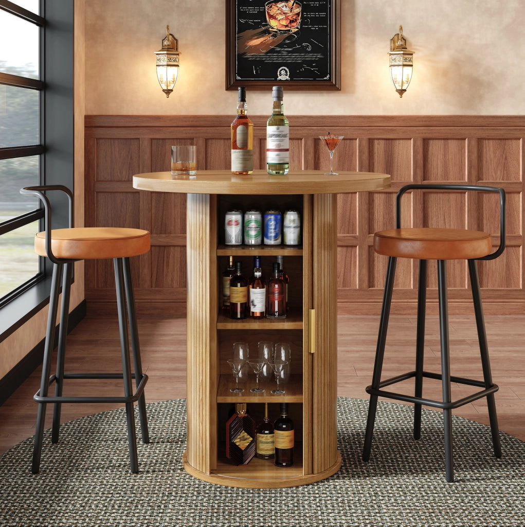 Tavolo bar rotondo con spazio contenitore 60x60x91;6 cm in MDF e metallo; effetto legno