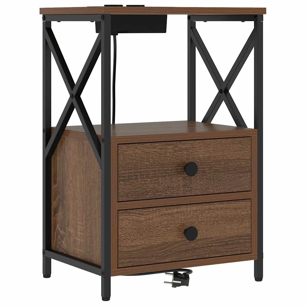 vidaXL Comò con stazione di ricarica con cassetto 2 pcs Rovere marrone