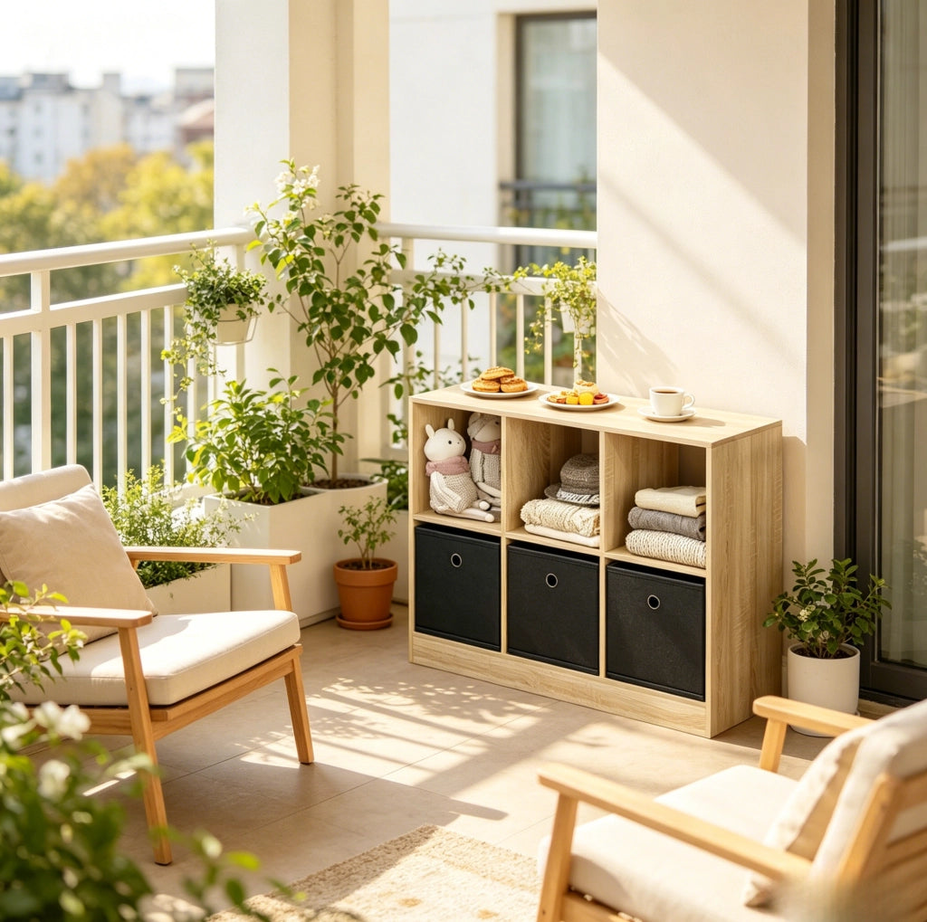 Libreria a cubi con 3 cassetti in tessuto, rovere chiaro e nero