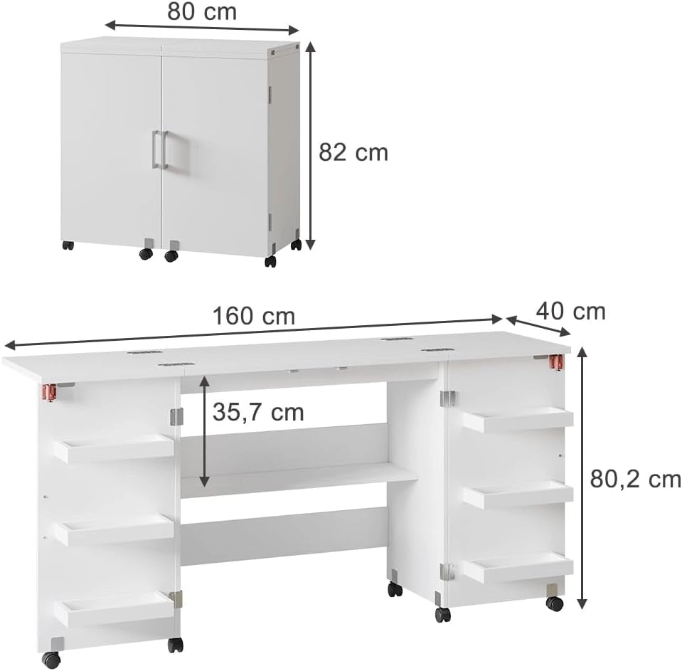 Il tavolo per il cucito Carmen, Bianco, 118 x 77.5 cm con 3 ripiani, pieghevole con ruote per un utilizzo flessibile come tavolo da lavoro