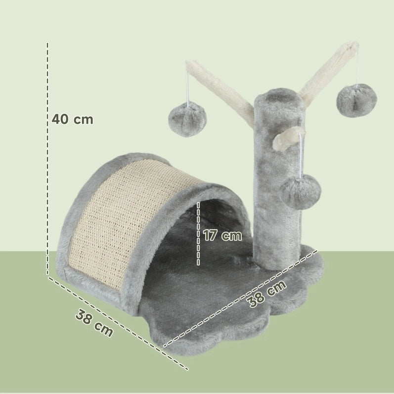 Tiragraffi compatto grigio chiaro con cuccia, pedana e palline