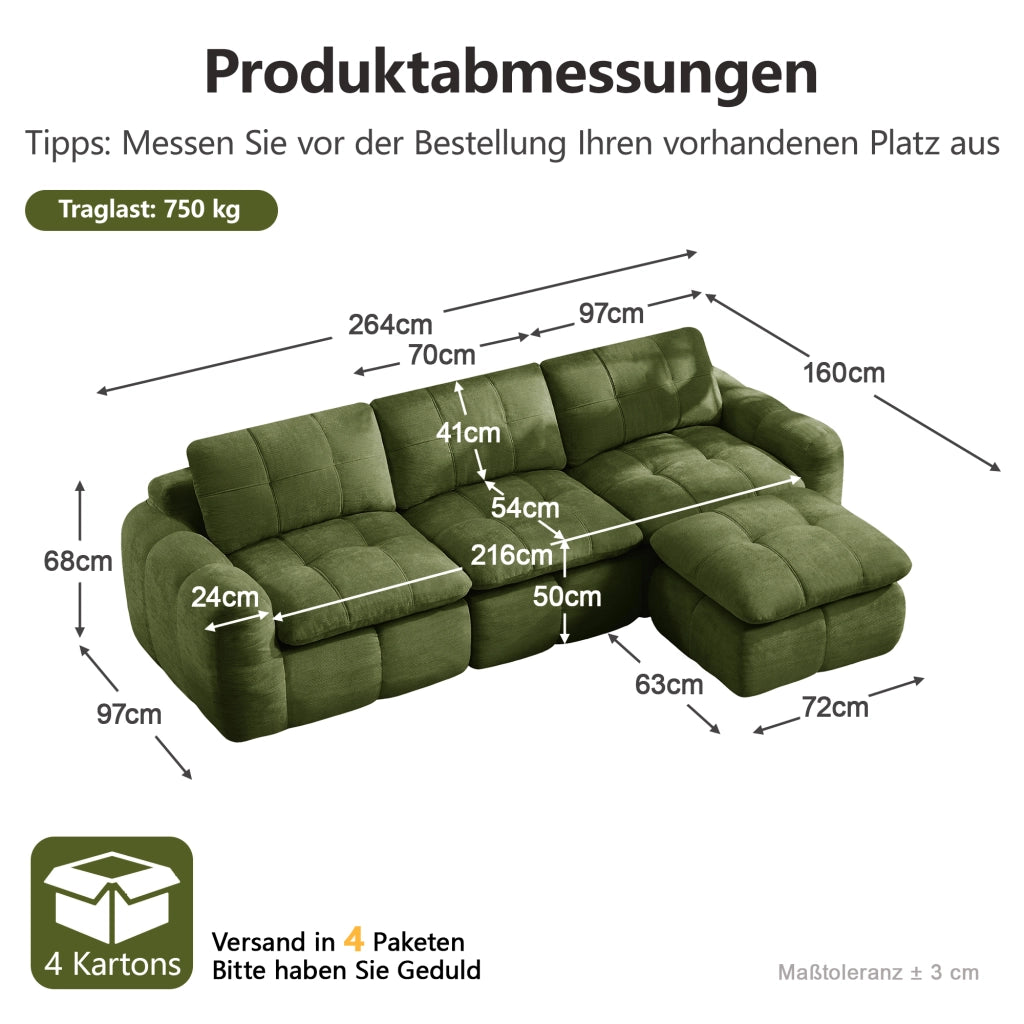 Divano angolare modulare a L 3 posti in ciniglia con cuscini ergonomici senza montaggio verde 264 × 160 × 68 cm