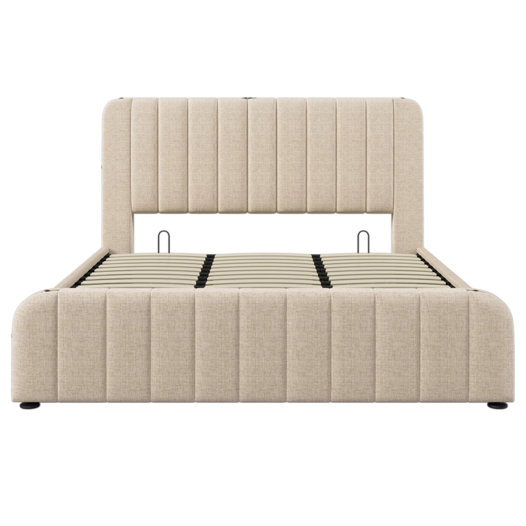 Letto Contenitore Imbottito con Testiera e USB ¨C MINIMAL ¨C Beige, Idraulico, 180x200