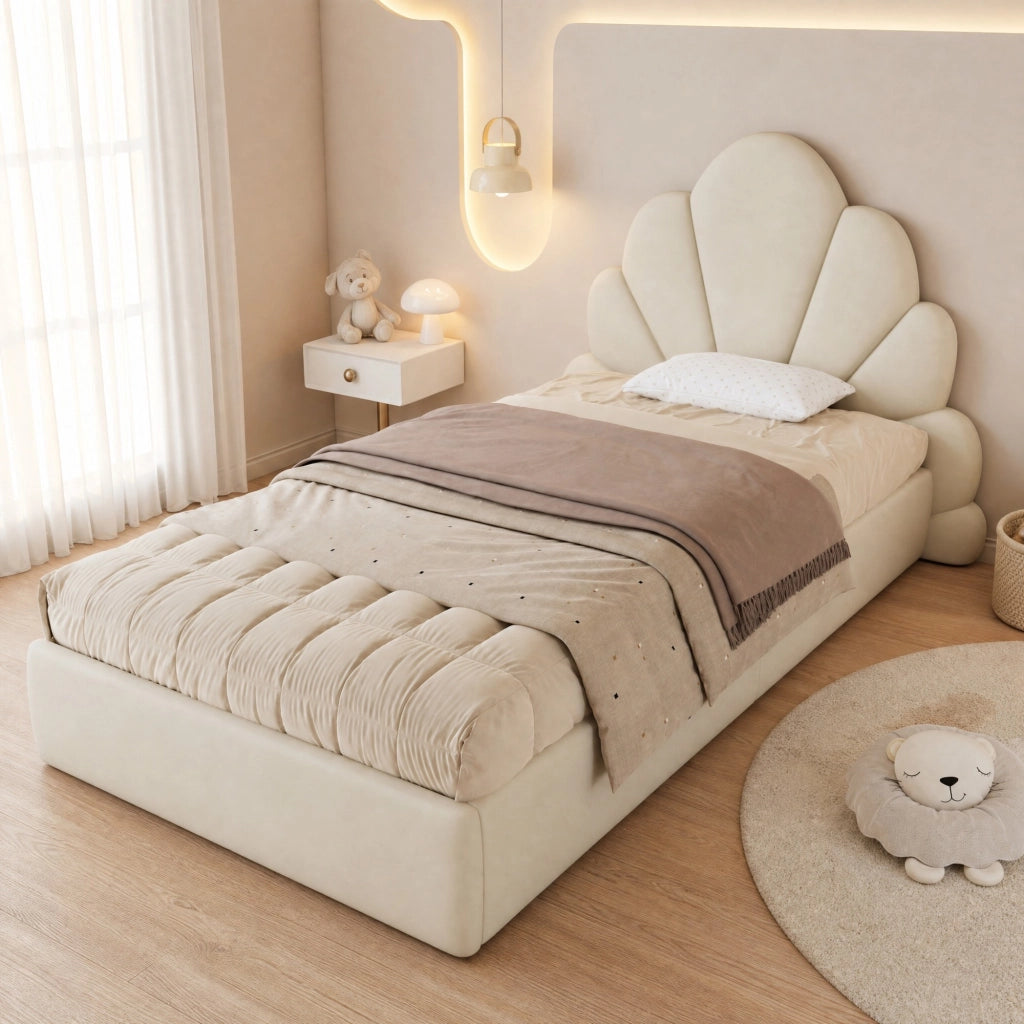 Letto imbottito singolo beige con testiera a petali, 90 x 200 cm