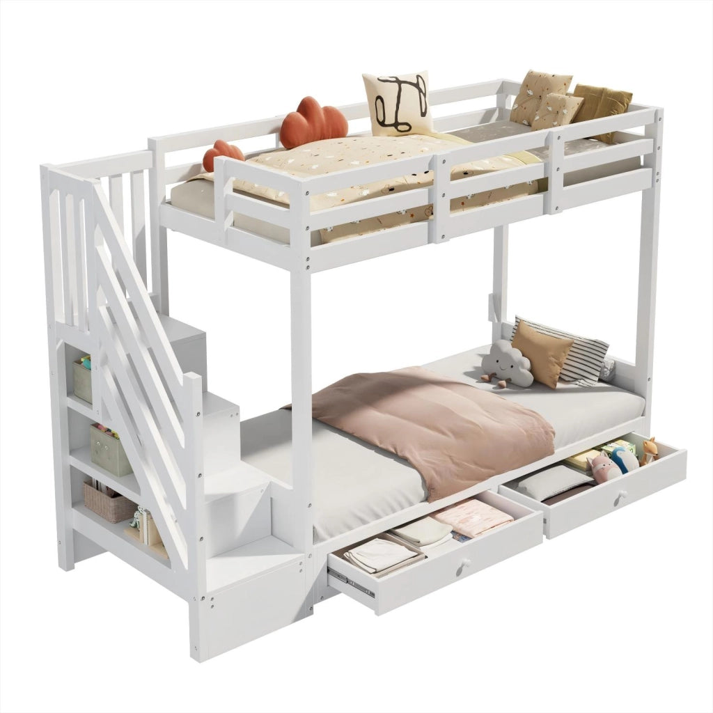 Letto a soppalco multifunzionale per bambini 90x200 cm con scala contenitore, divano e 2 cassetti, bianco, senza materasso