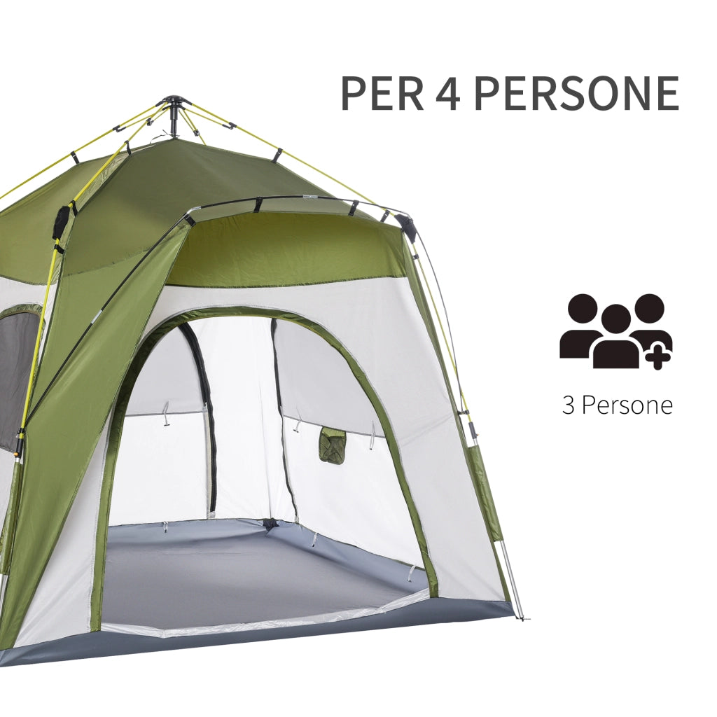 Tenda da Campeggio 3 Posti Pop Up con Porta a Cerniera e 3 Finestre, 240x240x199 cm, Verde