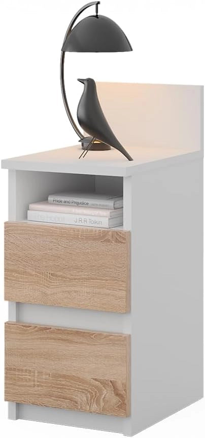 Comodino camera da letto Monty, Bianco/Sonoma, 25 x 59.1 cm con 2 cassetti