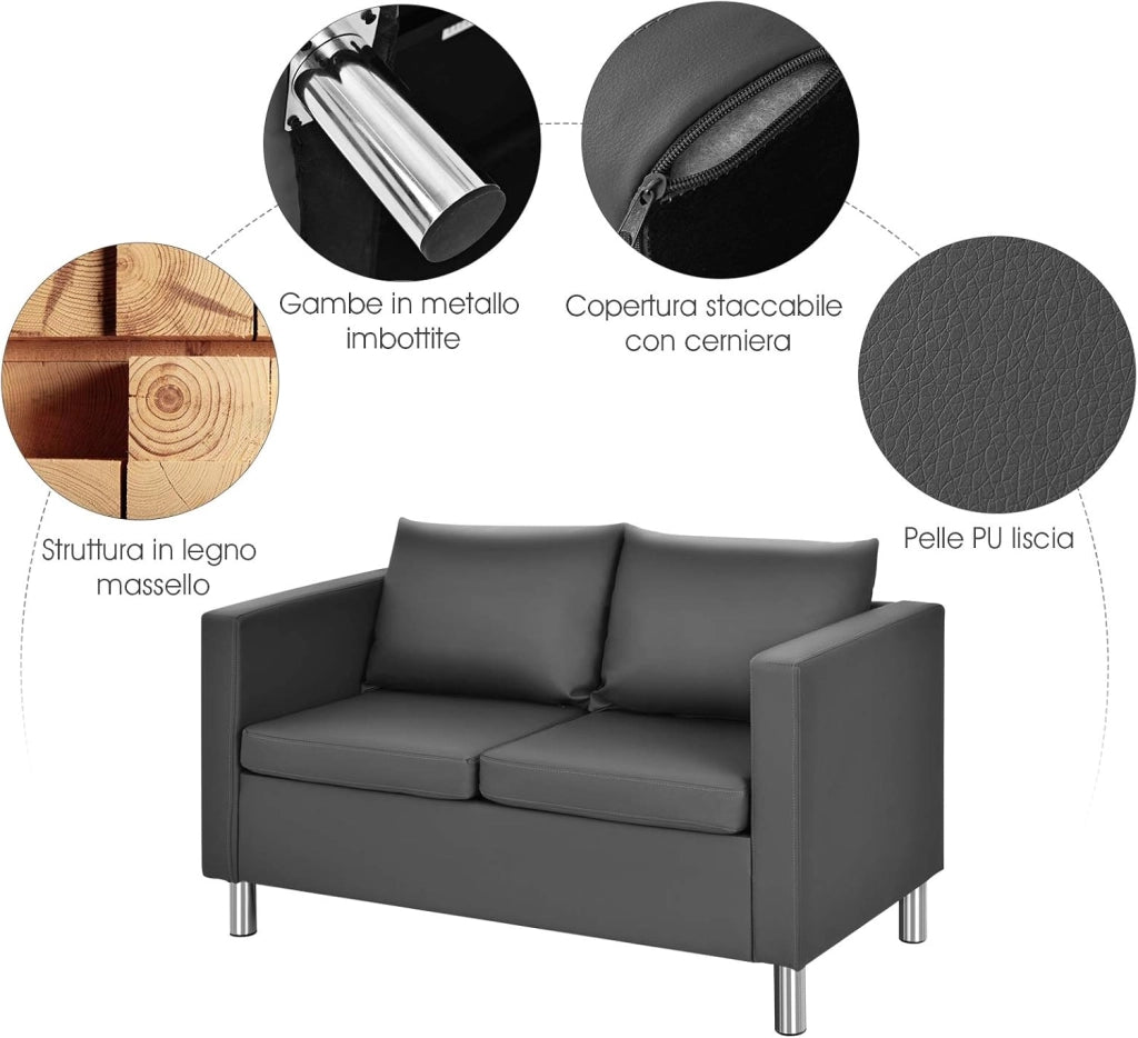 Divano a 2 Posti, Divano Moderno con Cuscino Morbido, Gambe in Legno di Gomma, In Similpelle PU, Carico 240 kg, 120x60x62,5 cm