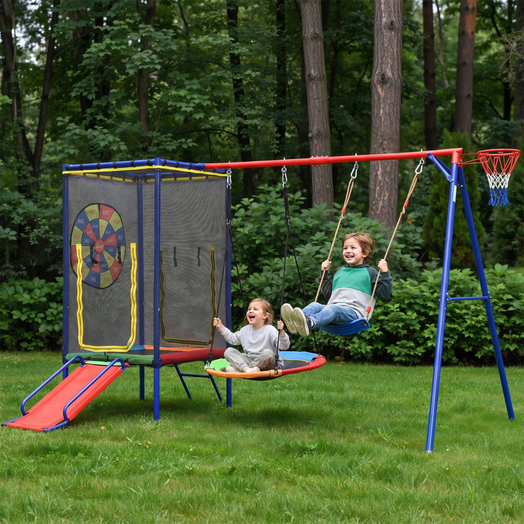 Area giochi con trampolino rete sicurezza scivolo doppia altalena e canestro in ferro multicolore 336 × 217 × 198 cm