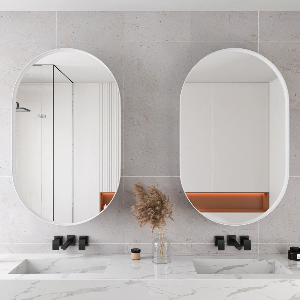 ARMADIO SPECCHIERA OVALE DA BAGNO IN METALLO BIANCO, A INCASSO O A MURO