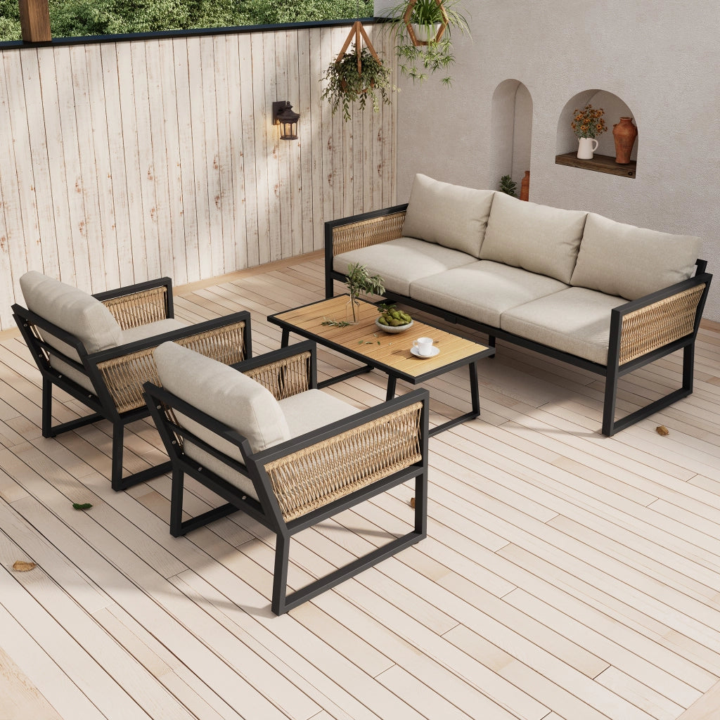 Set poltrona per mobili da giardino 4 pezzi. Set di mobili da giardino divano a 3 posti 2 poltrone e tavolino da caff¨¨ esterno piano tavolo in legno in plastica braccioli in corda intrecciata acciaio zincato beige