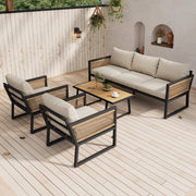 Set poltrona per mobili da giardino 4 pezzi. Set di mobili da giardino divano a 3 posti 2 poltrone e tavolino da caff¨¨ esterno piano tavolo in legno in plastica braccioli in corda intrecciata acciaio zincato beige