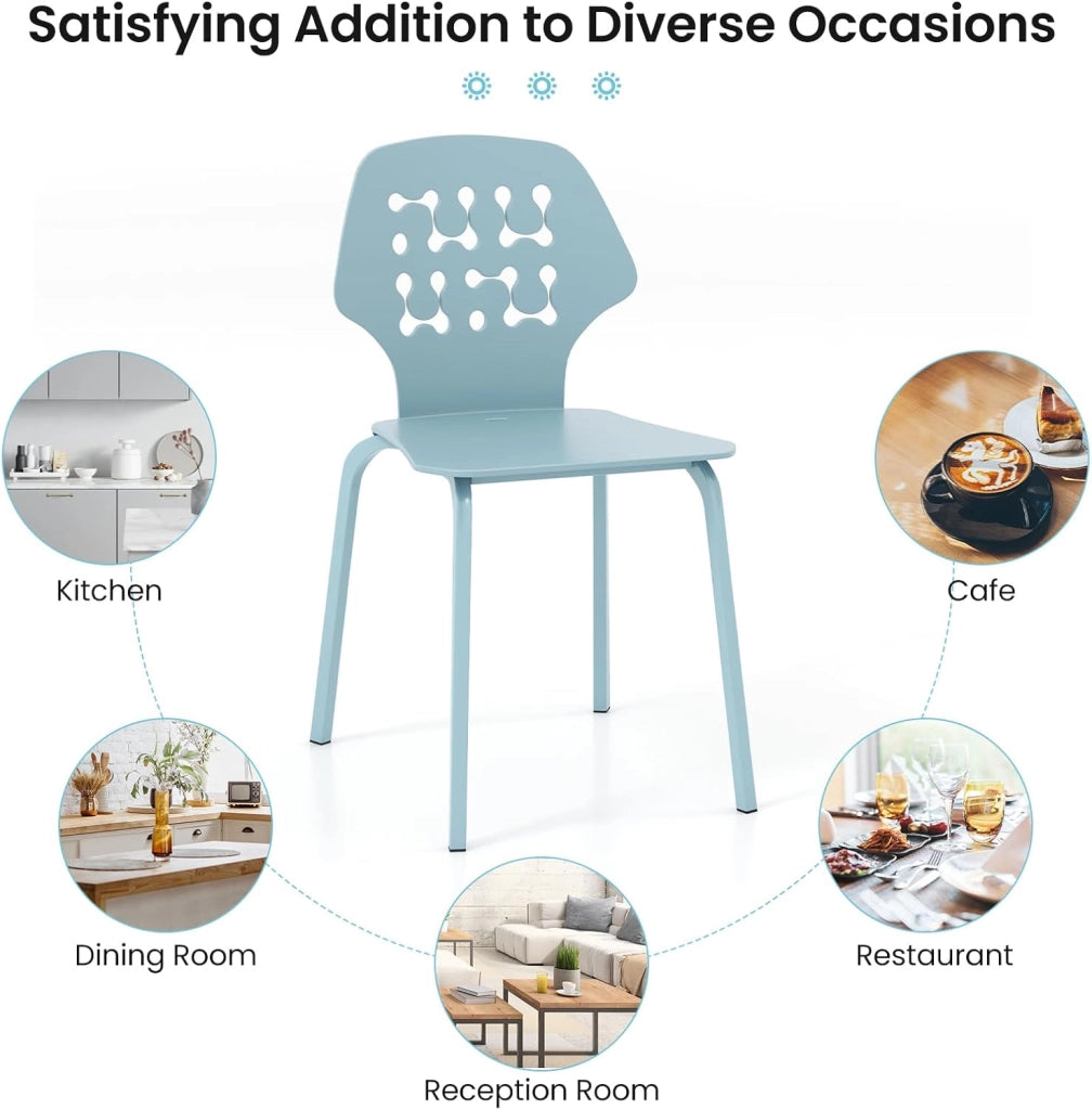 Set di 4 sedie da sala da pranzo, sedia da cucina in PP e metallo, sedia portatile ergonomica con schienale allungato, sedia da pranzo senza braccioli, carico 150 kg (blu)