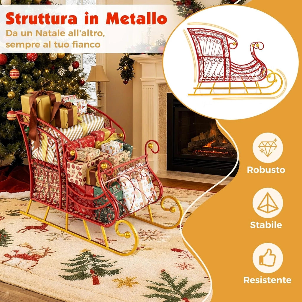 COSTWAY Slitta di Babbo Natale, Slitta di Babbo Natale in Metallo con Portadoni a 2 Livelli, Decorazione Natalizia con Stelle Dorate, per Casa, Negozio e Ufficio (Modello 3)