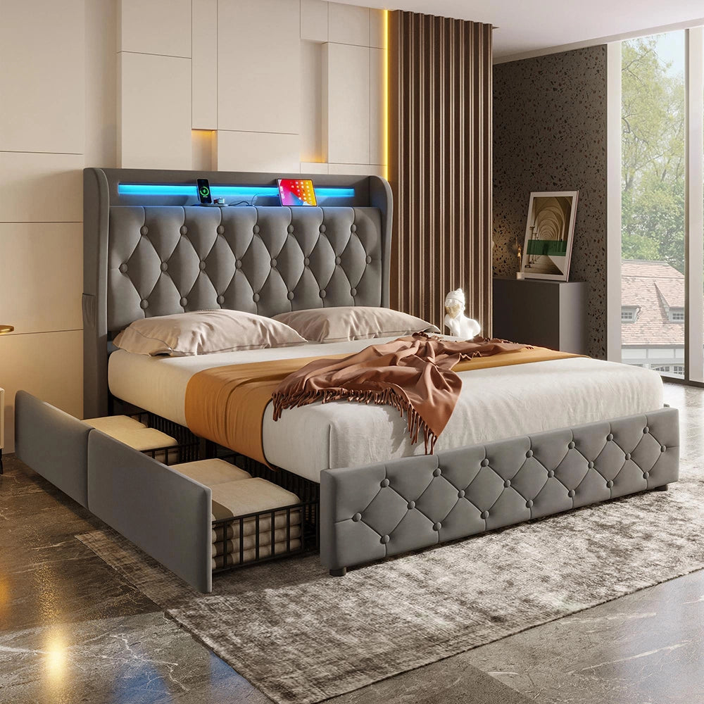 Letto imbottito 140x190 - Xylo - LED, USB, testiera con scaffali, 4 cassetti, velluto