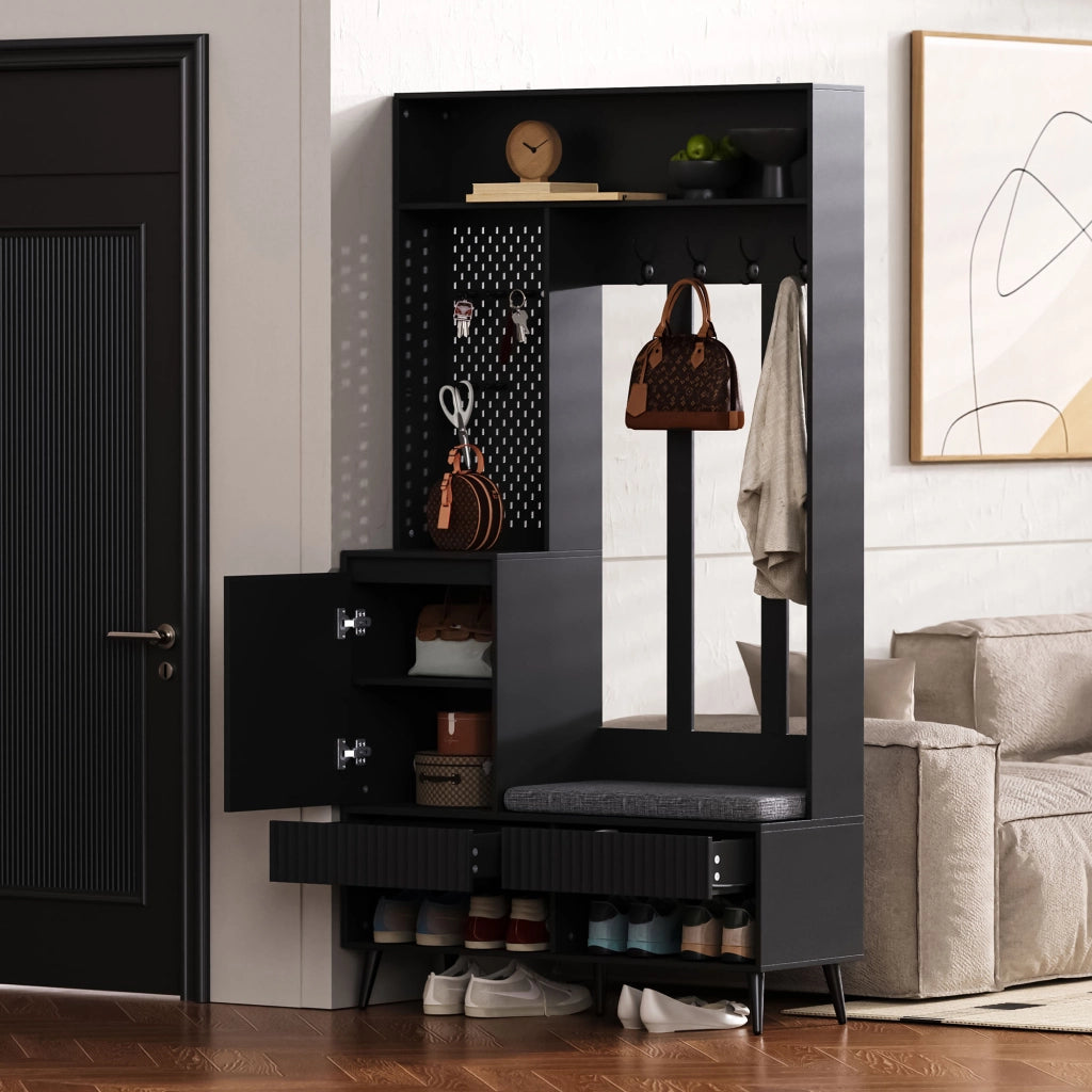 Mobile ingresso multifunzione con panca, 4 ganci, 2 cassetti e vano contenitore, nero, 100 x 35 x 180 cm