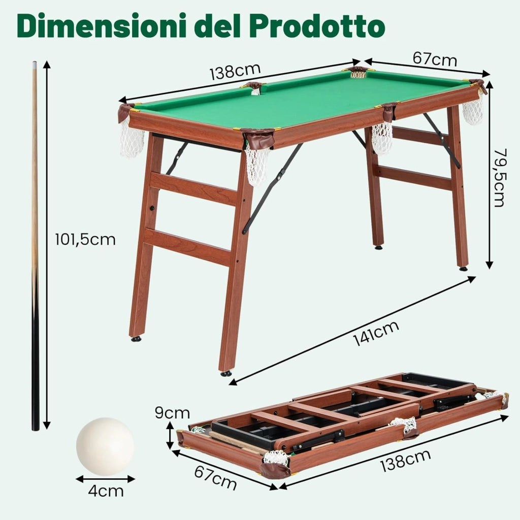 Set Tavolo da Biliardo Pieghevole, Tavolo da Gioco Biliardo Portatile con Livellatori Regolabili per Piedi, 2 Stecche 2 Gessi 16 Palline Spazzola, per Giochi in Famiglia Bar, 138x67x79,5 cm