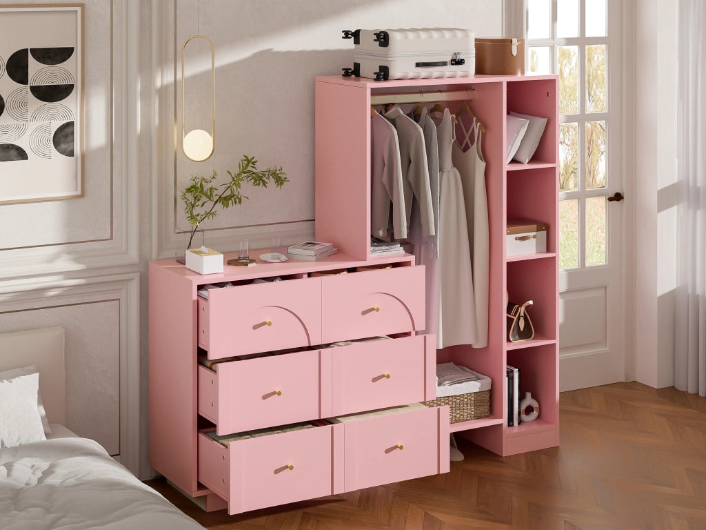 Armadio multifunzione aperto con 6 cassetti, barra appendiabiti e ripiani laterali, rosa, 139 ¡Á 35 ¡Á 133 cm