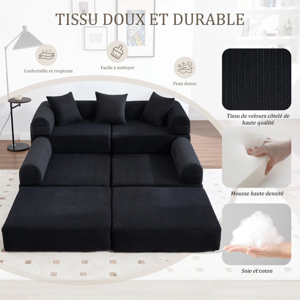 Divano modulare con tasca laterale e funzione letto in velluto a coste nero per soggiorno studio e camera ospiti