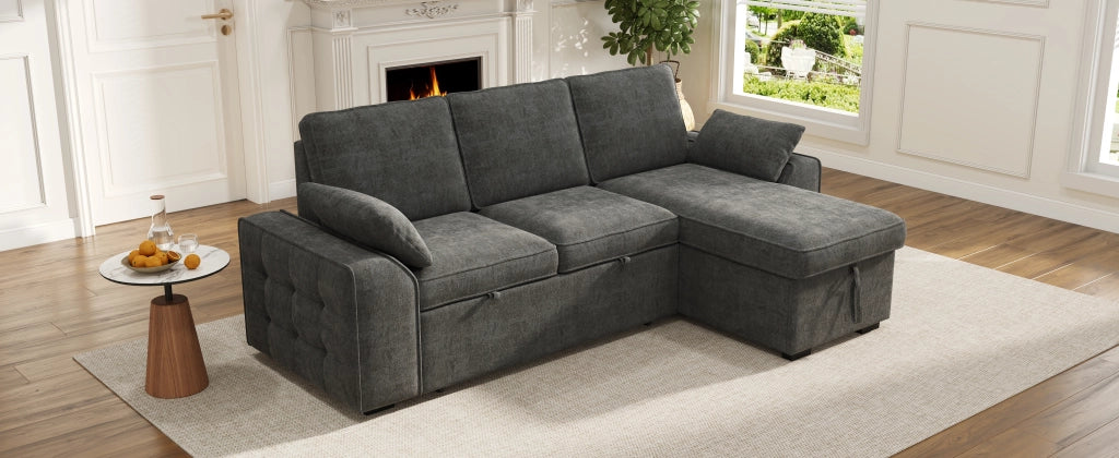 Divano angolare 3 posti in chenille con contenitore, letto estraibile, tavolino con portabicchieri e porta USB, grigio 237x141x86 cm