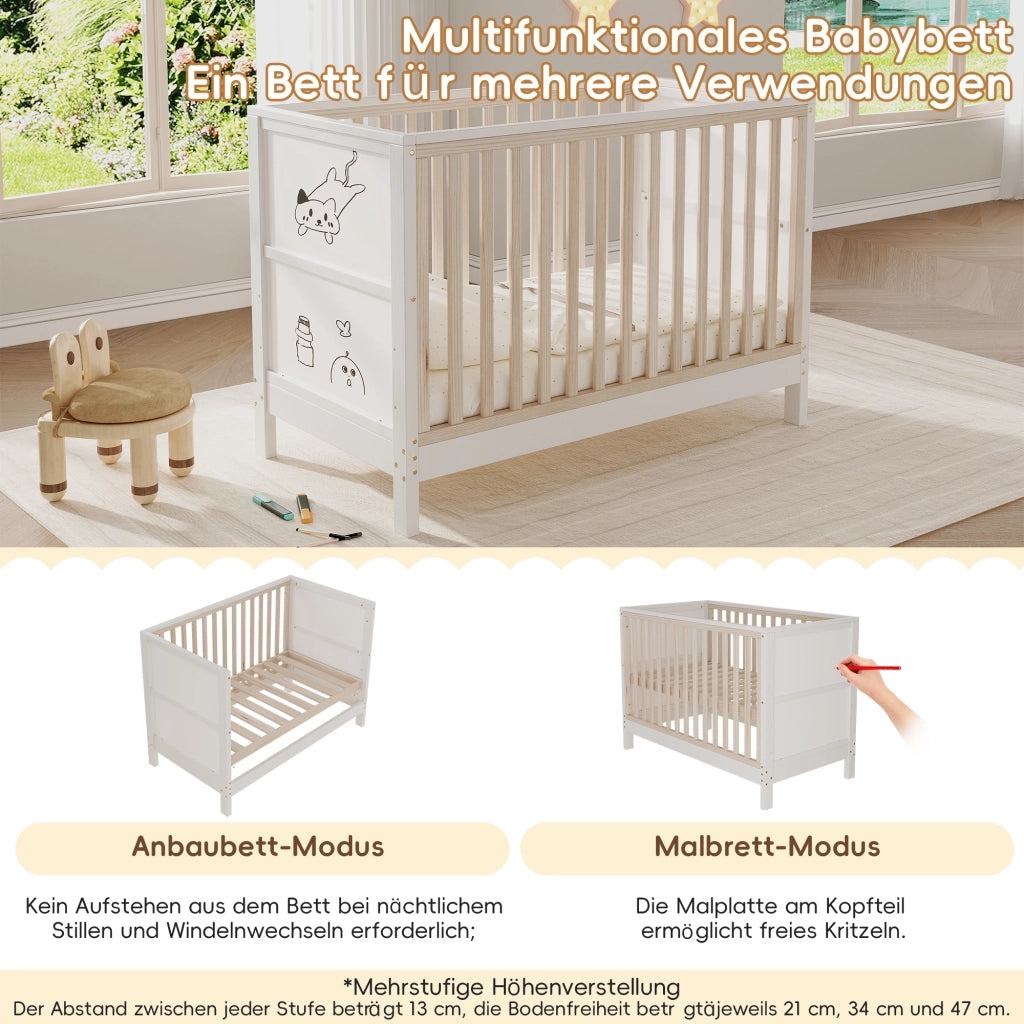 Letto per bambini 120 × 60 cm con tavole da disegno, 3 altezze regolabili, trasformabile in lettino laterale e divanetto, senza materasso, legno massiccio naturale e bianco