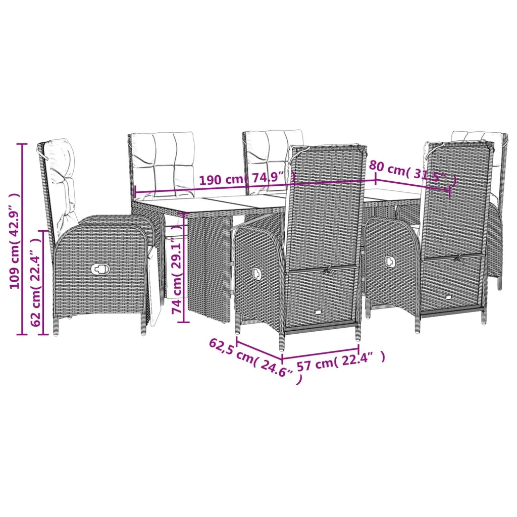 Set da Pranzo da Giardino 7 pz Nero con Cuscini in Polyrattan 3213530
