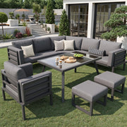 Set da giardino a mezzaluna per 8 persone - Zephmum - Struttura in ferro robusta, cuscini grigi, tavolo in vetro, 1 poltrona e 2 sgabelli