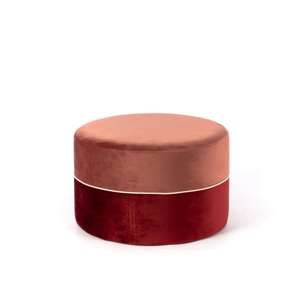 Pouf rotondo in velluto bicolore Zoe rosa antico e bordeaux imbottito design moderno | Duzzle
