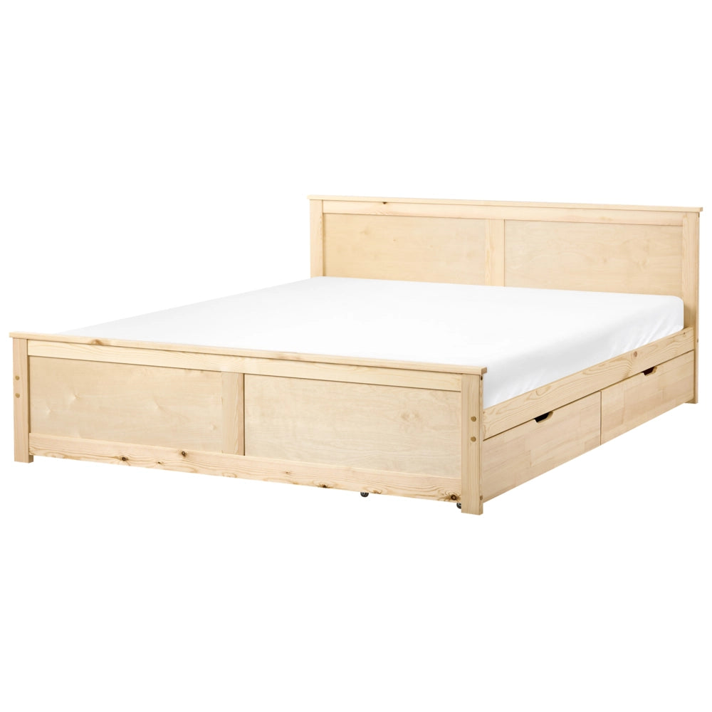 Letto matrimoniale con 2 cassetti in legno marrone chiaro stile 180 x 200 cm con testiera in stile scandinavo