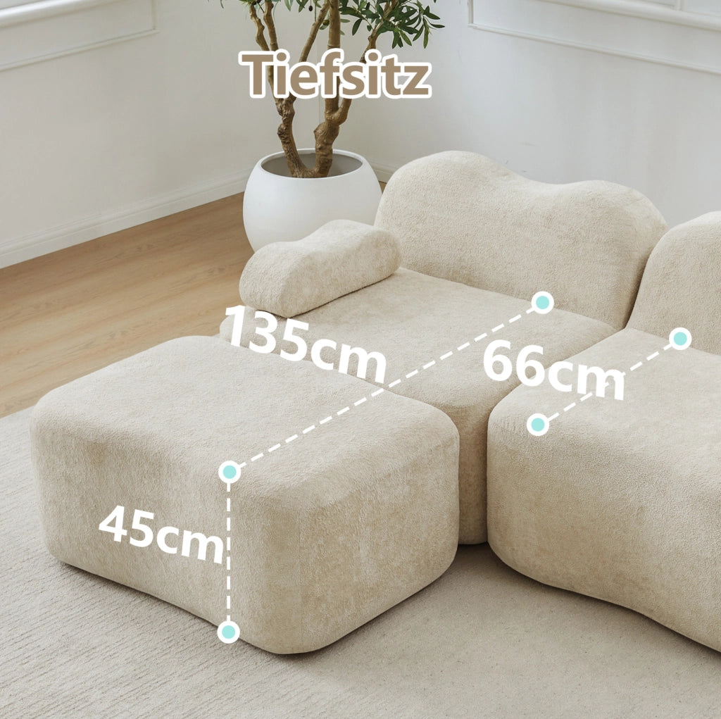Divano angolare modulare 3 posti con pouf 288x167x70 cm in velluto beige