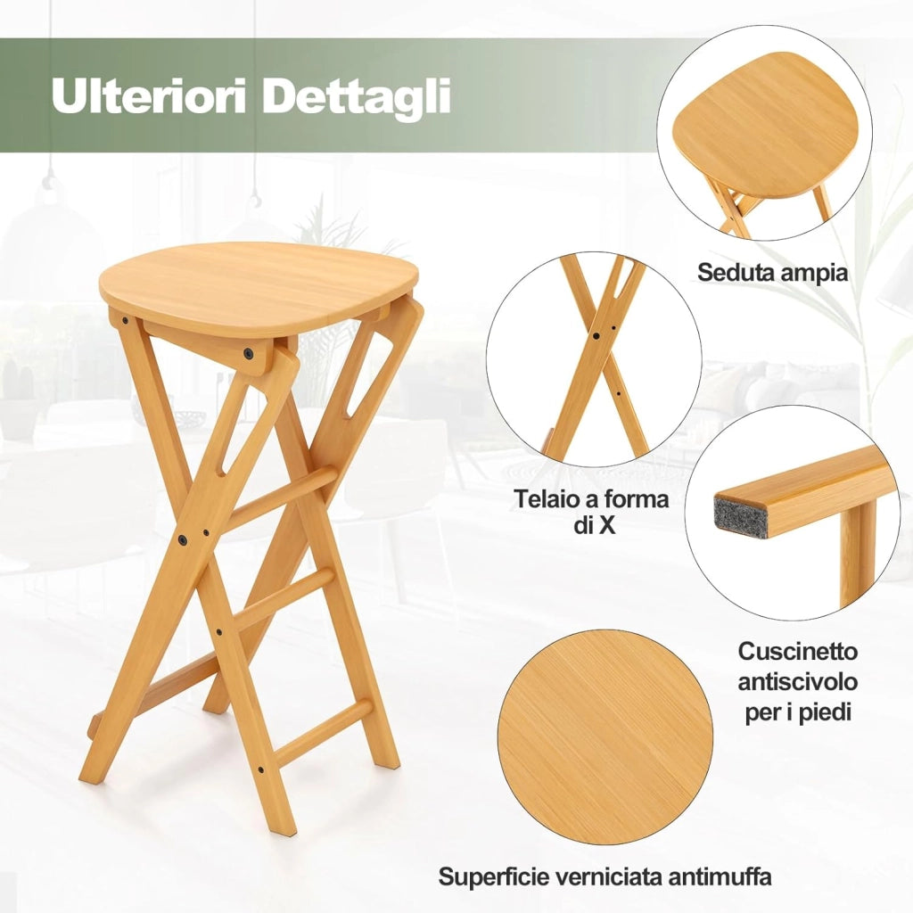 Set di 2 sgabelli pieghevoli alti in bamb, leggeri e portatili con poggiapiedi e sedile ampio, adatti per bar, cucina o penisola, 36 x 33 x 61 cm