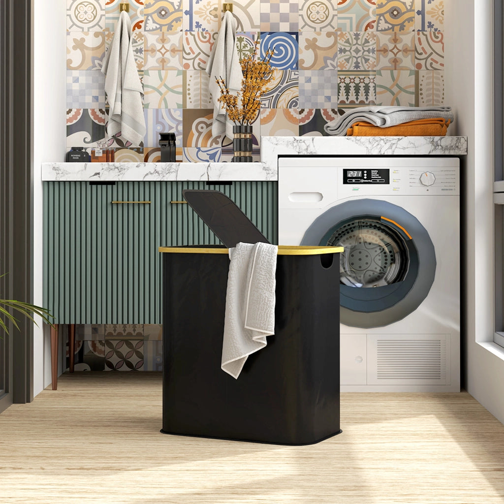 Cesto Portabiancheria da 80L a 2 Sezioni con Coperchio, in Tessuto non Tessuto e Bamb¨´, 54x34x58.5 cm, Nero