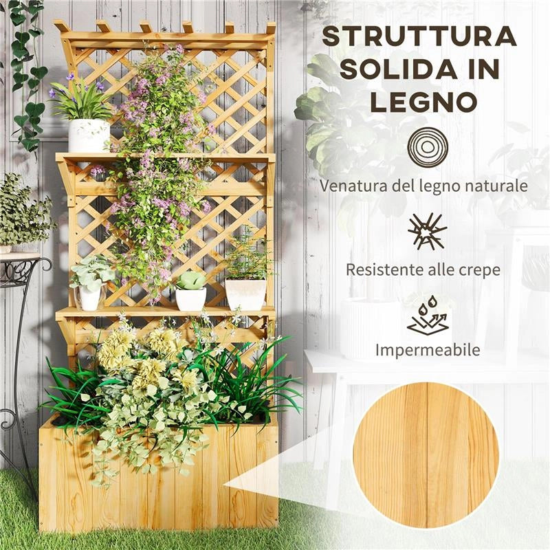 FIORIERA CON TRALICCIO PER RAMPICANTI FORI DI DRENAGGIO E 2 MENSOLE IN LEGNO DI ABETE 76X33X177 CM