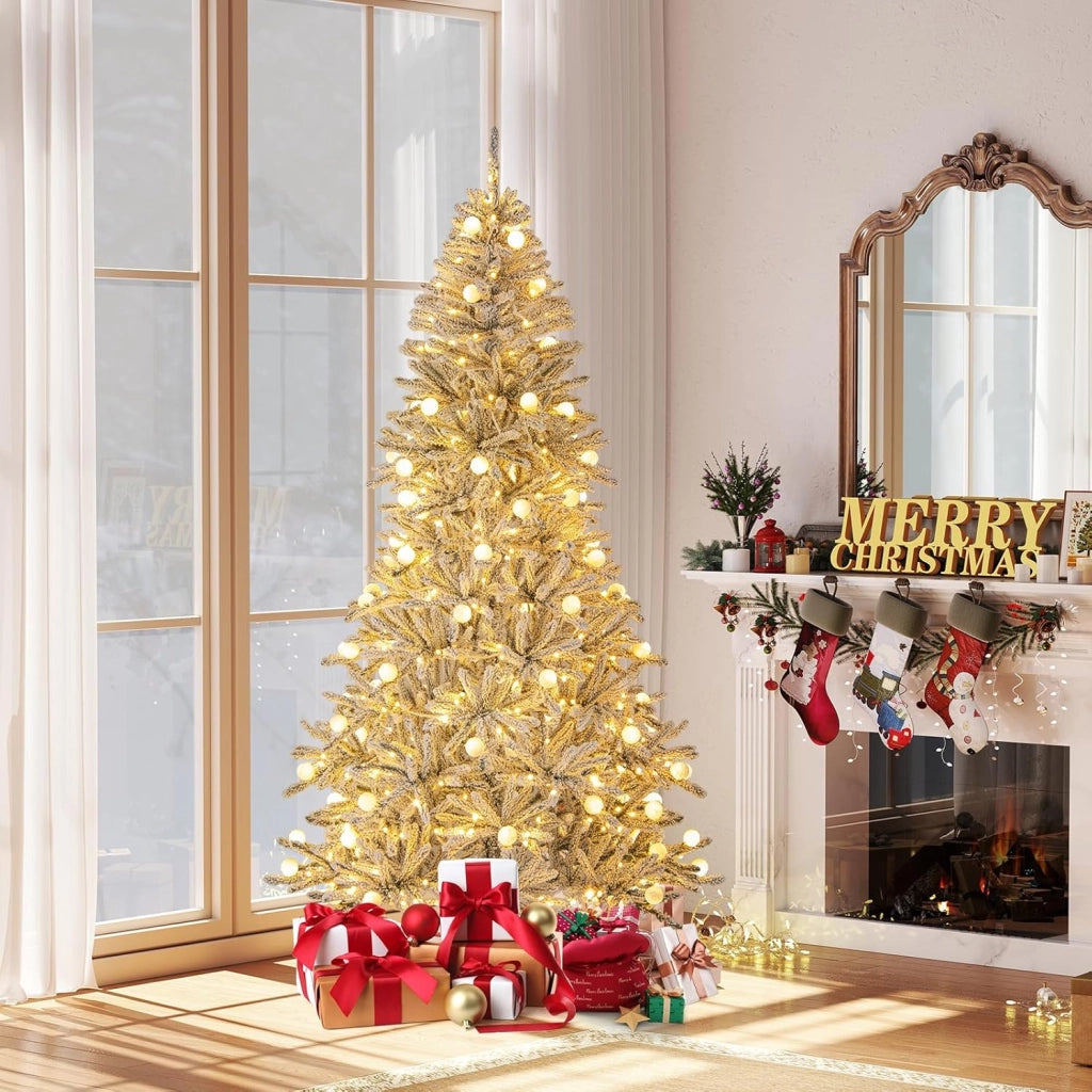 Albero di Natale Innevato 180/210 cm, Albero di Natale con 250/350 Luci Bianchi Caldi e 637/905 Rami (210 cm)