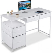 Scrivania per Computer 120 x 50 cm, Scrivania con Mensola, Cassetti in Tessuto e Struttura in Metallo, Scrittoio per PC per Ufficio, Camera da Letto e Studio (Bianco)