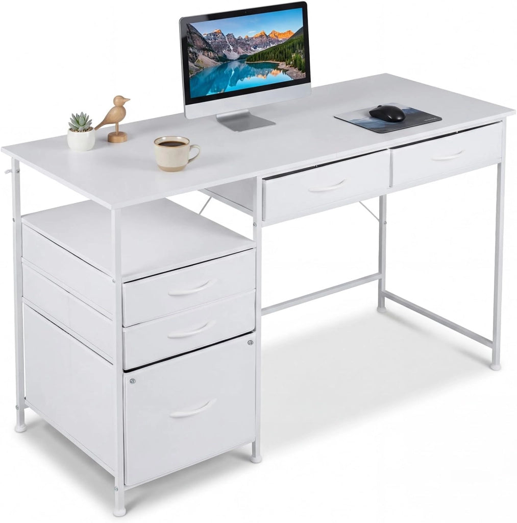 Scrivania per Computer 120 x 50 cm, Scrivania con Mensola, Cassetti in Tessuto e Struttura in Metallo, Scrittoio per PC per Ufficio, Camera da Letto e Studio (Bianco)