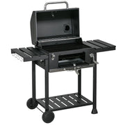 BARBECUE A CARBONE CON COPERCHIO CON TERMOMETRO, GRIGLIA REGOLABILE, RUOTE E TAVOLINI, NERO