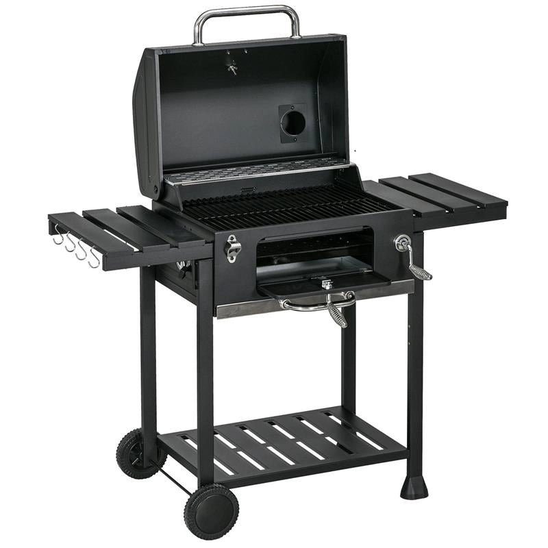 BARBECUE A CARBONE CON COPERCHIO CON TERMOMETRO, GRIGLIA REGOLABILE, RUOTE E TAVOLINI, NERO