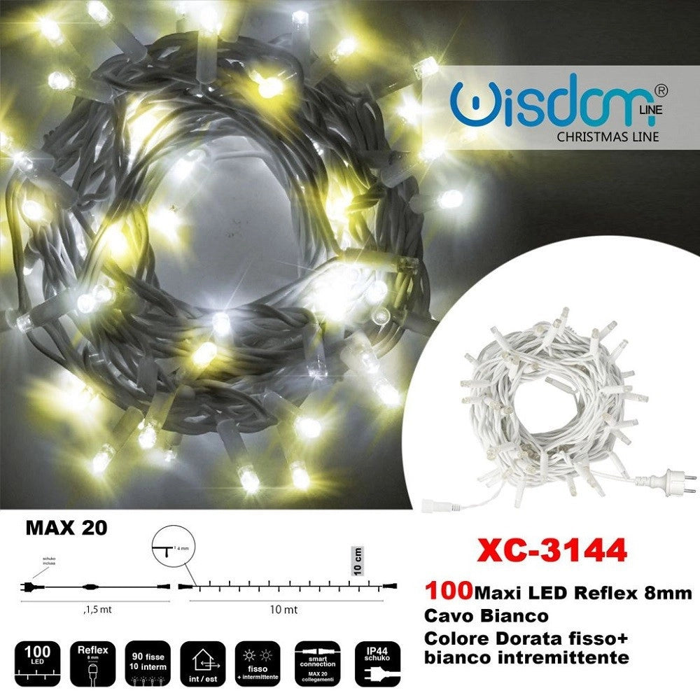 Trade Shop - Catena Luminosa 100luci Led Lucciole Dorata Fisso + Bianco Intermittente Xc-3144 -