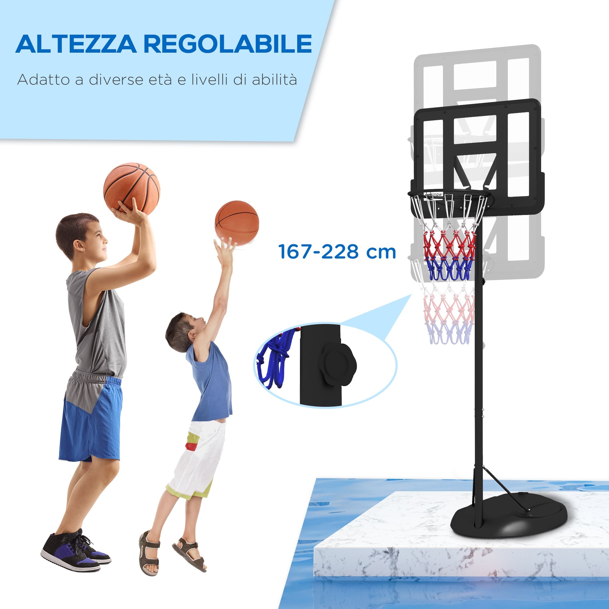 Canestro Basket ad Altezza Regolabile 216-277 cm con Base Riempibile in Acciaio e PE Nero