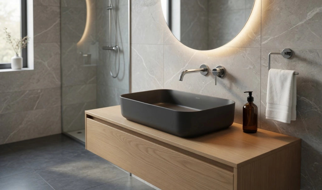 Lavabo rettangolare da appoggio senza troppo pieno in ceramica senza foro rubinetto - Antracite Opaco