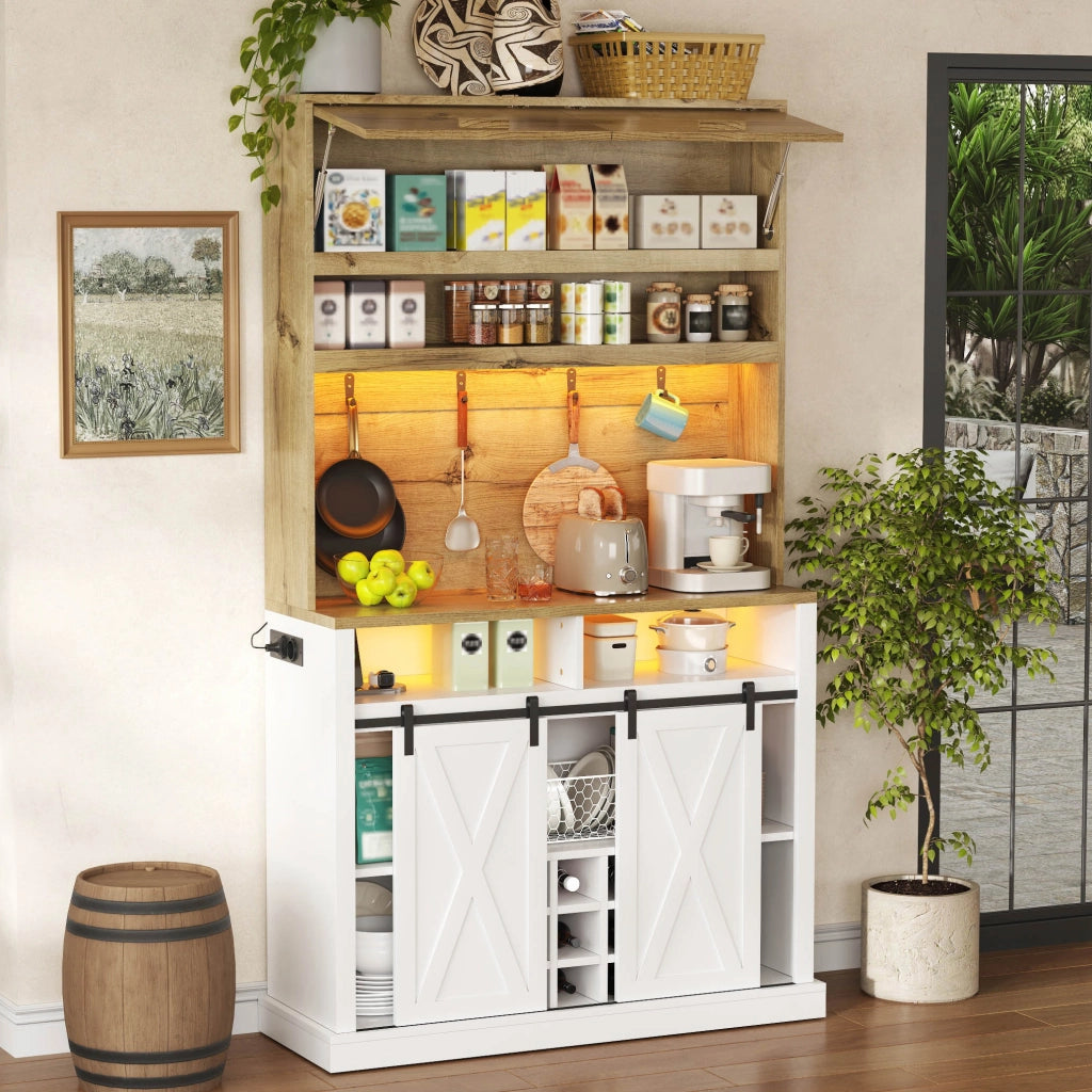 Colonna da cucina con LED RGB vetrina ripiani aperti ganci e portabottiglie in MDF bianco naturale 110 × 40 × 191 cm