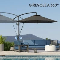 Ombrellone da Giardino Rotondo Inclinabile e Girevole, Manovella e Protezione UPF 50+, Ø3 m, Grigio Scuro