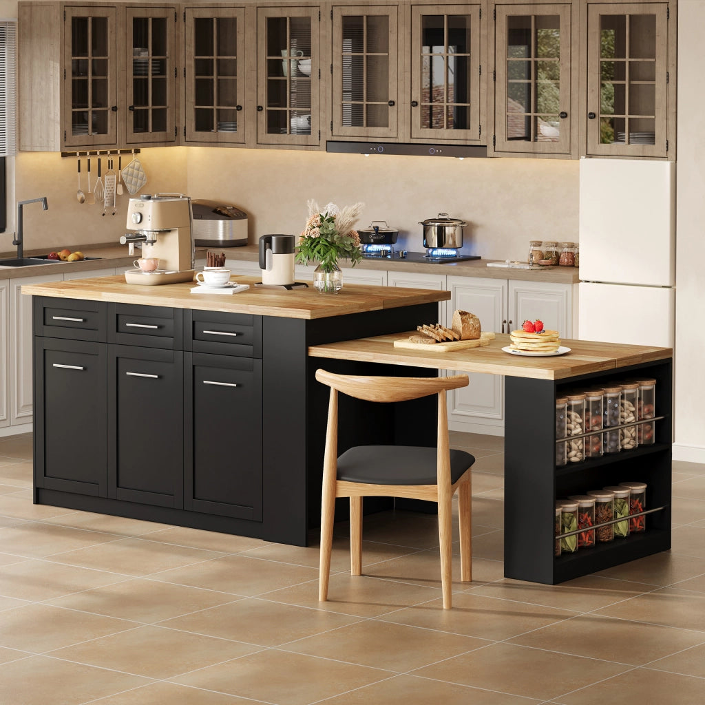 Isola da Cucina 150/246x90x90 cm Nera e Legno Naturale con Tavolo Estraibile 96 cm; 6 Cassetti e Ripiani