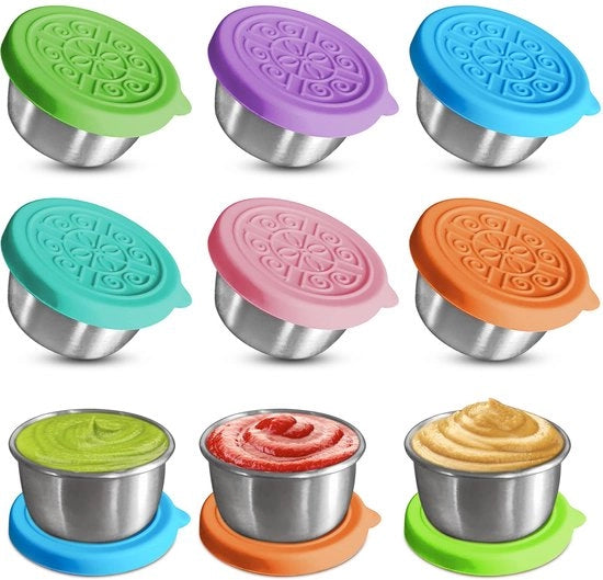 Set di 6 contenitori per cibi, contenitori per erbe in acciaio inossidabile da 50 ml, contenitori per salse senza lattosio con coperchi, contenitori per salse riutilizzabili per snack, salse e erbe per bambini, insalata