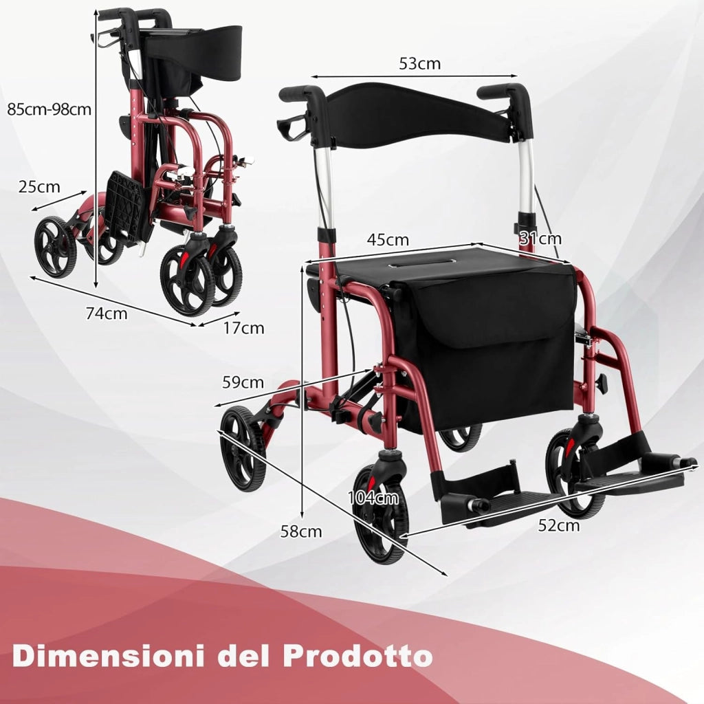 Deambulatore Multiuso 2 in 1, Deambulatore per Anziani in Alluminio con Altezza Regolabile a 6 Livelli, Poggiapiedi Pieghevole (Rosso)