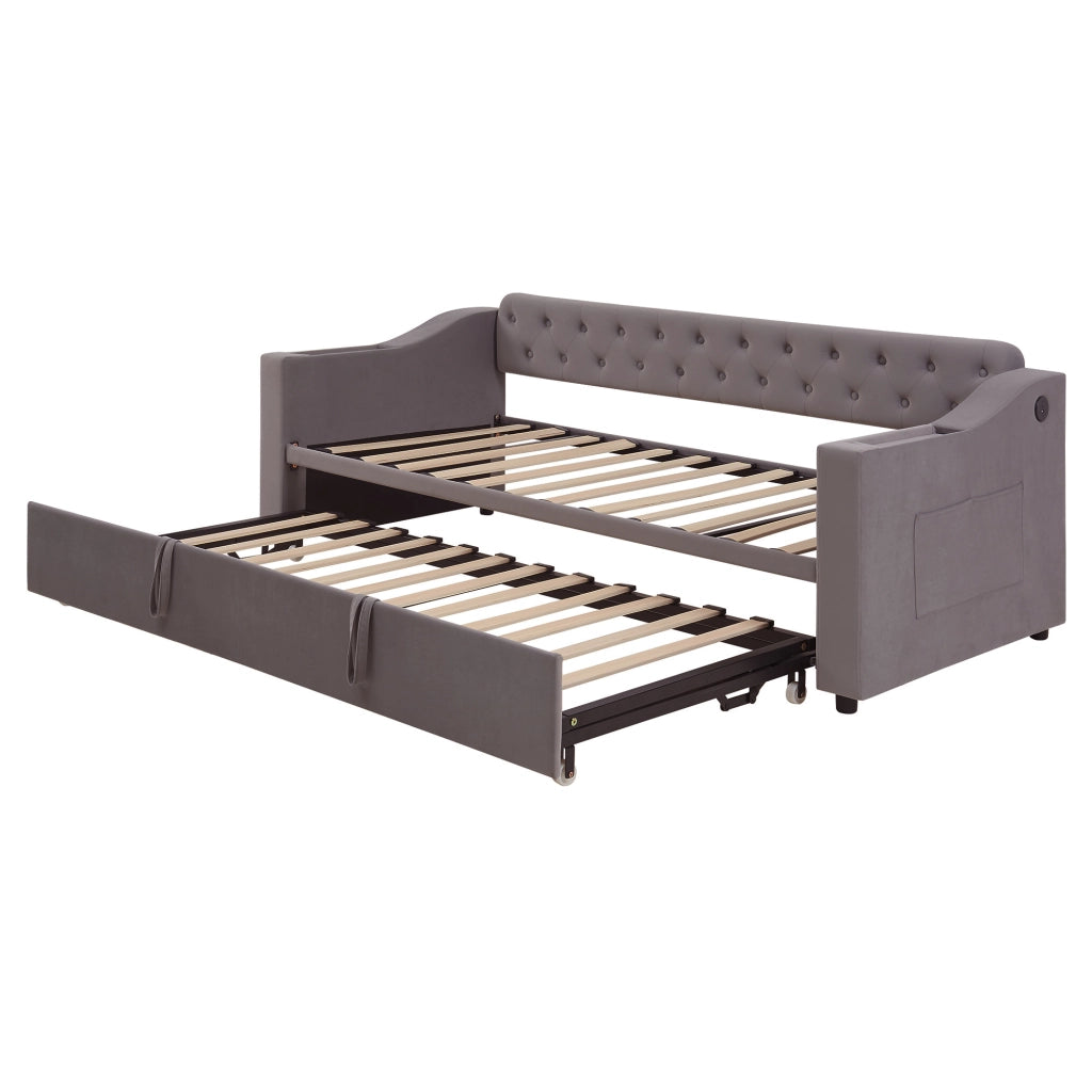 Divano letto imbottito 90x190 cm con USB; contenitori nei braccioli e rete a doghe; grigio